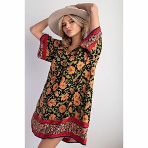 EASEL BLACK FLORAL BORDER PRINT LOOSE FIT DRESS!